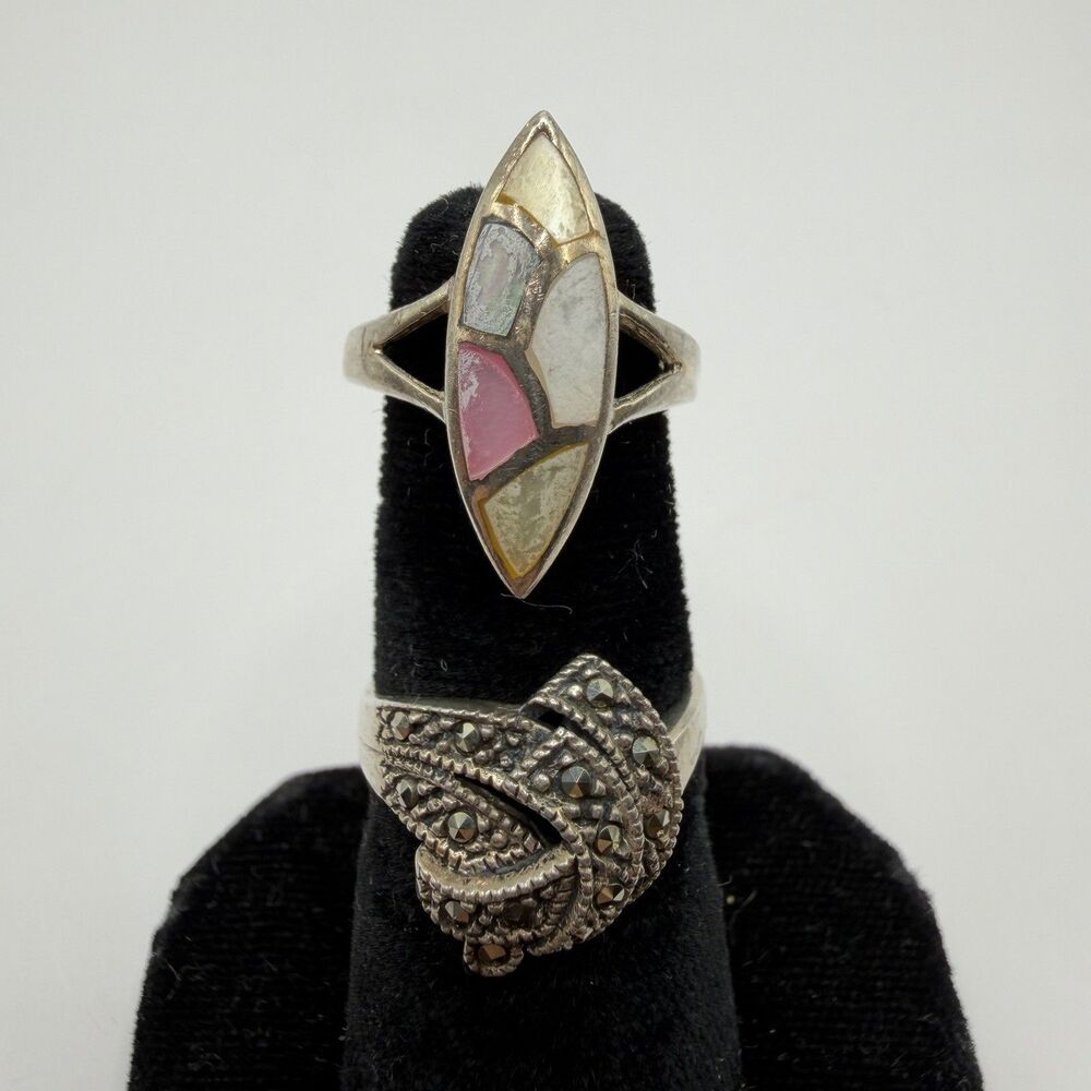 Lot of 2 Vintage Sterling Silver 925 Rings Inlay Marcasite Size 6